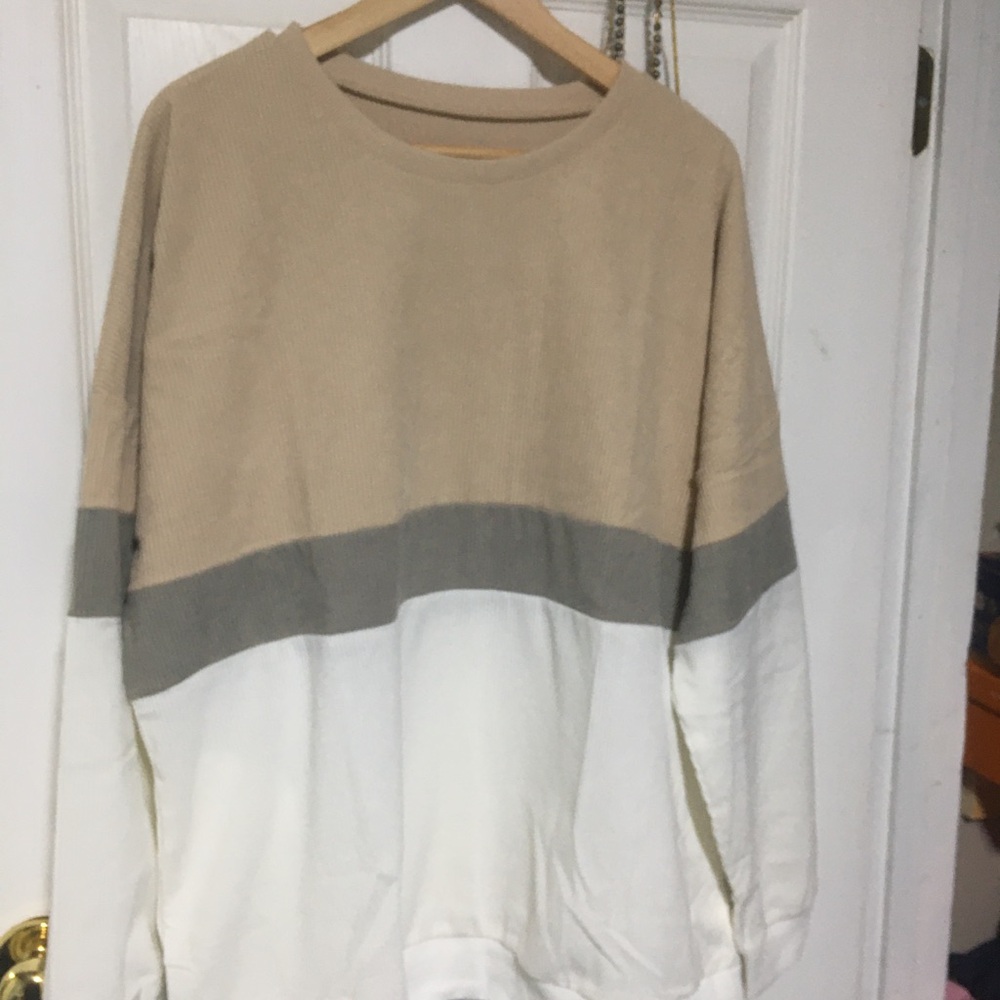 Beige, Gray and White Colorblock Pullover Sweatshirt